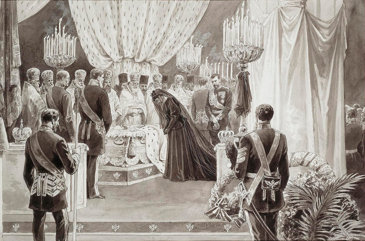 دفن الإمبراطور ألكسندر الثالث في كاتدرائية القديس بطرس وبولس في سان بطرسبرج ، 1894. بواسطة كاريل بروزه