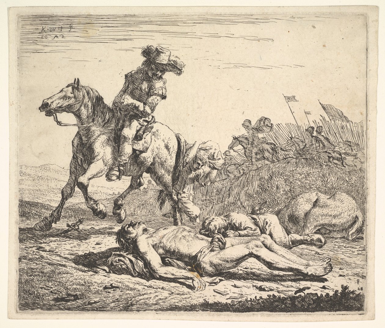 ساحة المعركة مع فارس يطل على كتفه الأيسر باتجاه جثة مجردة على الأرض ... ، 1652. بواسطة كاريل دو جاردين