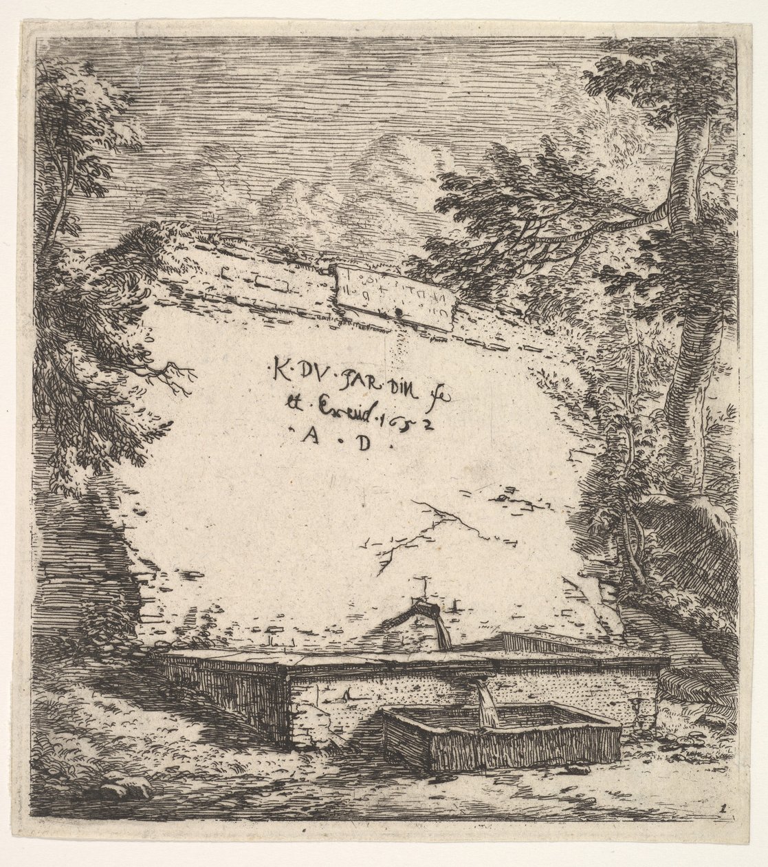 صورة للواجهة مع نافورة متدرجة ، جدار حجري مع صنبور ماء يصب الماء في ... ، 1652. بواسطة كاريل دو جاردين