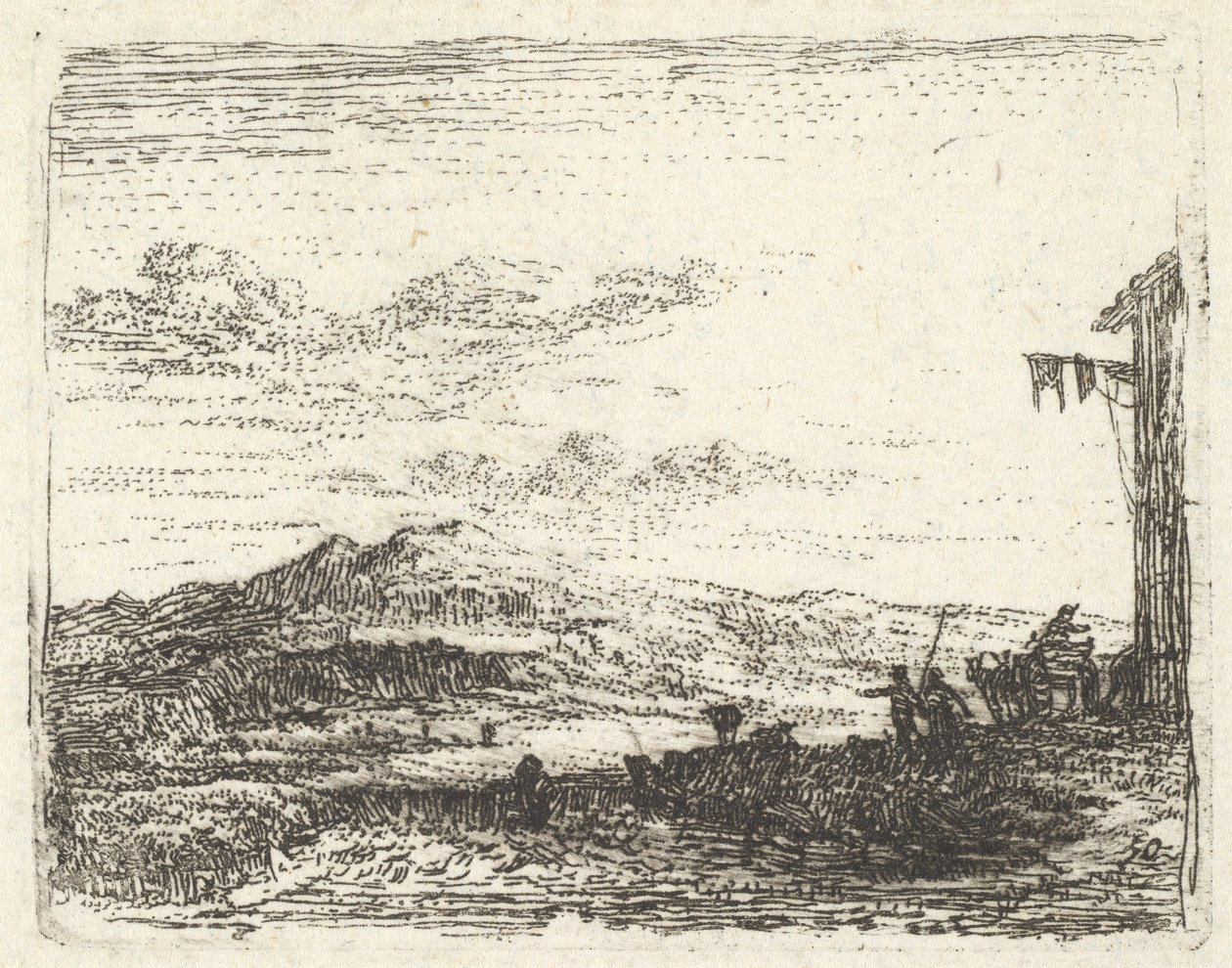 منظر طبيعي مع زاوية بناء ومظلة في أقصى اليمين ، شكلان وحصان -... ، كاليفورنيا. 1641-78. بواسطة كاريل دو جاردين