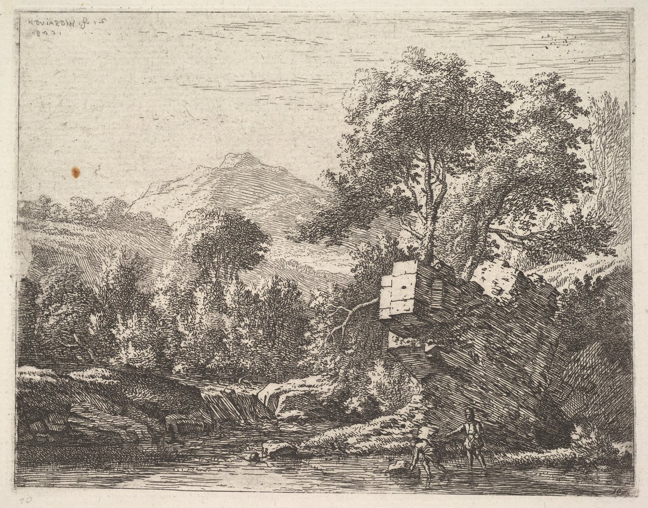 رجلان يقفان بعمق الكاحل في جسم مائي مع نتوء صخري خلفهما ، إلى ... 1658. بواسطة كاريل دو جاردين
