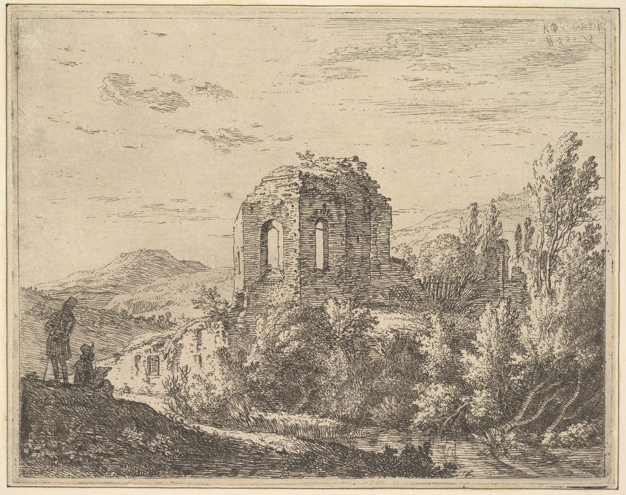 منظر لأطلال تُظهر زاوية مبنى به نافذتان مقنطتان ، في منظر طبيعي مع ... ، 1658. بواسطة كاريل دو جاردين