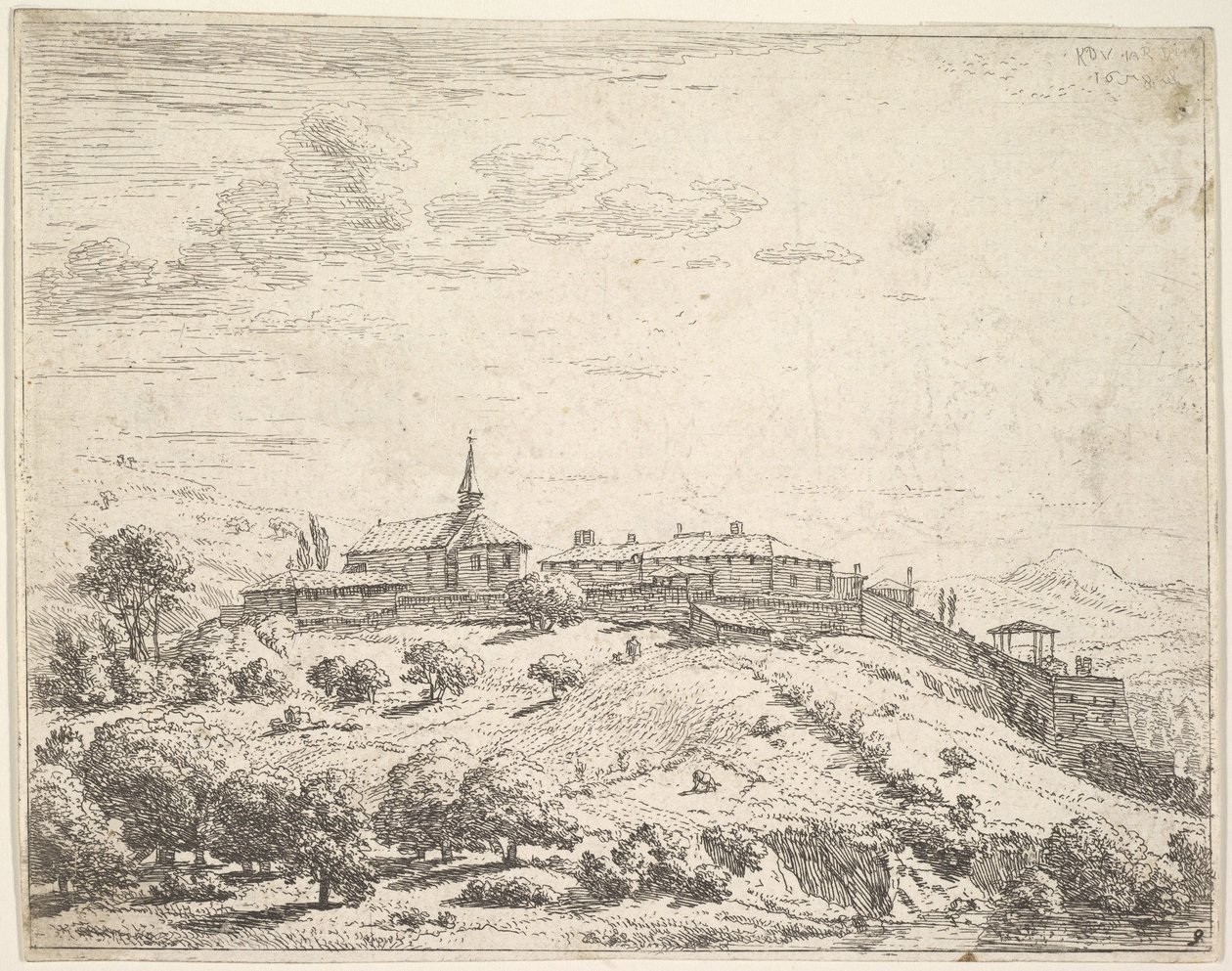 قرية مسورة على تلة ، مع كنيسة على اليسار ومباني مبنية على المنحدر ... ، 1658. بواسطة كاريل دو جاردين