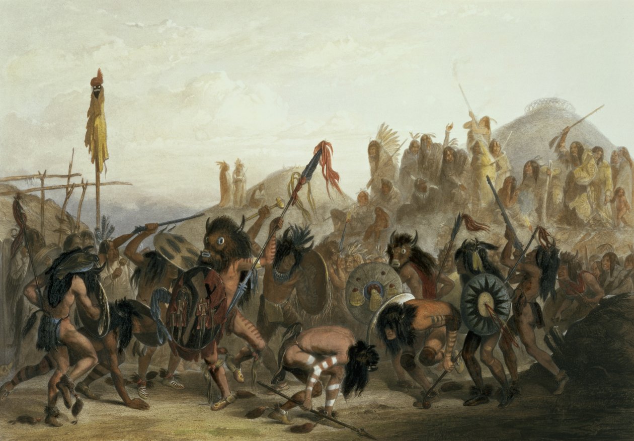 رقص البيسون من هنود الماندان أمام نزل الطب الخاص بهم في Mih-Tutta-Hankush ، اللوحة 18 من المجلد 2 من "رحلات في المناطق الداخلية لأمريكا الشمالية" ، نقشها الكسندر مانكو ، 1844 (أكوا بواسطة كارل بودمر