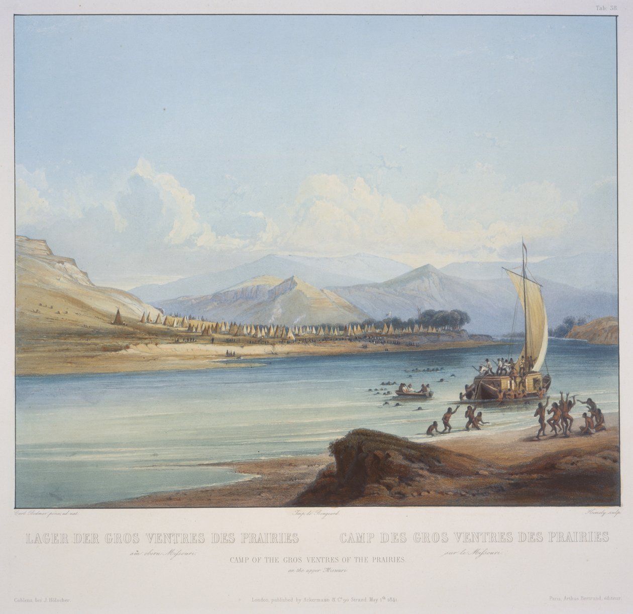 معسكر جروس فنترز من المروج في ولاية ميسوري العليا ، نقش بواسطة S. Himely ، نشر في عام 1841 (aquatint) بواسطة كارل بودمر