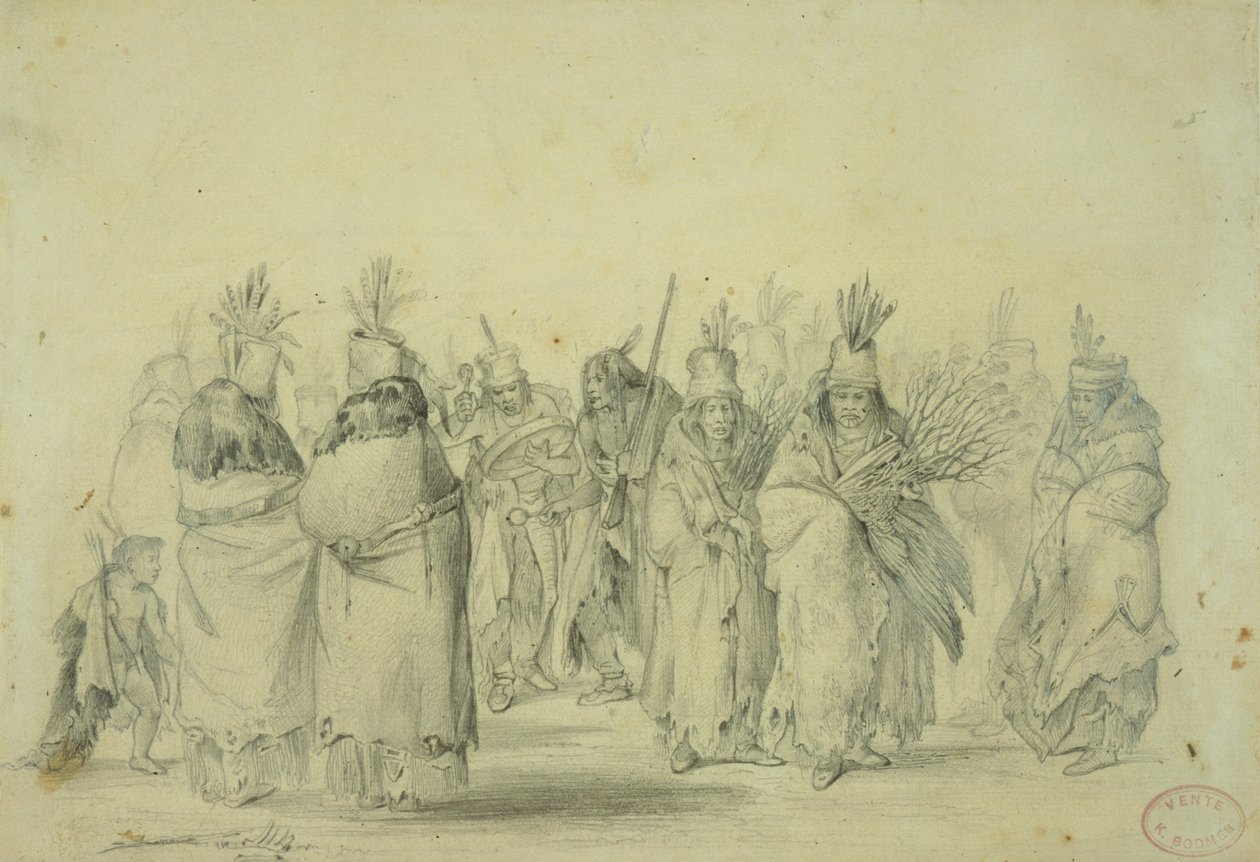رقصة نساء الماندان ، 1833-43 (قلم رصاص ، قلم رصاص ومرحاض على ورق) بواسطة كارل بودمر