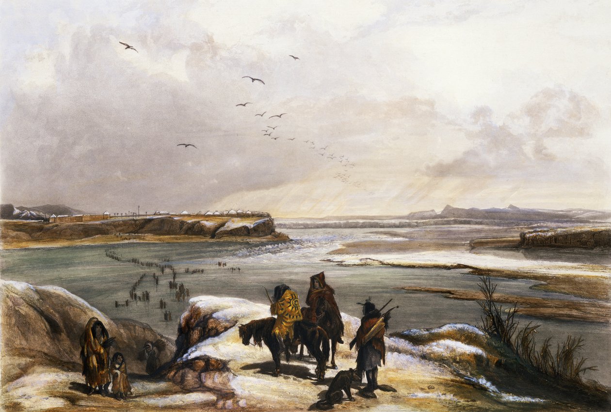 حصن كلارك على ميزوري ، فبراير 1834 ، اللوحة 15 من المجلد 2 من "الرحلات في المناطق الداخلية لأمريكا الشمالية" ، منقوشة بواسطة لوكاس ويبر ، 1844 (أكواتينت) بواسطة كارل بودمر