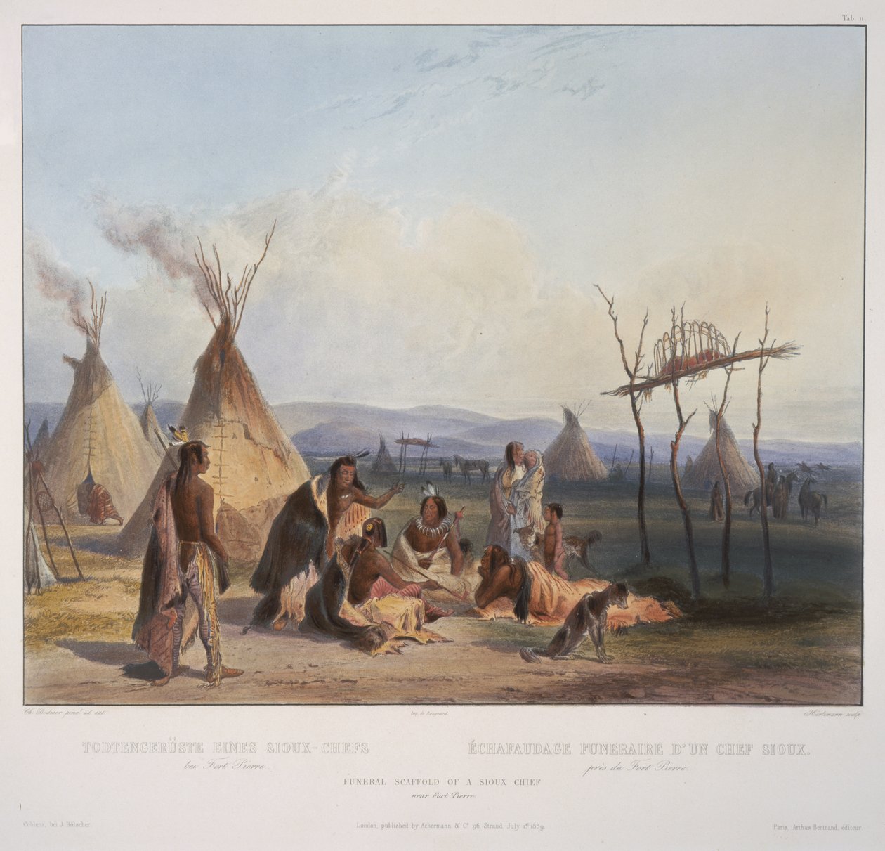 سقالة جنائزية لرئيس سيوكس بالقرب من فورت بيير ، نقشها ج.هورليمان ، نُشرت عام 1839 (أكواتينت) بواسطة كارل بودمر