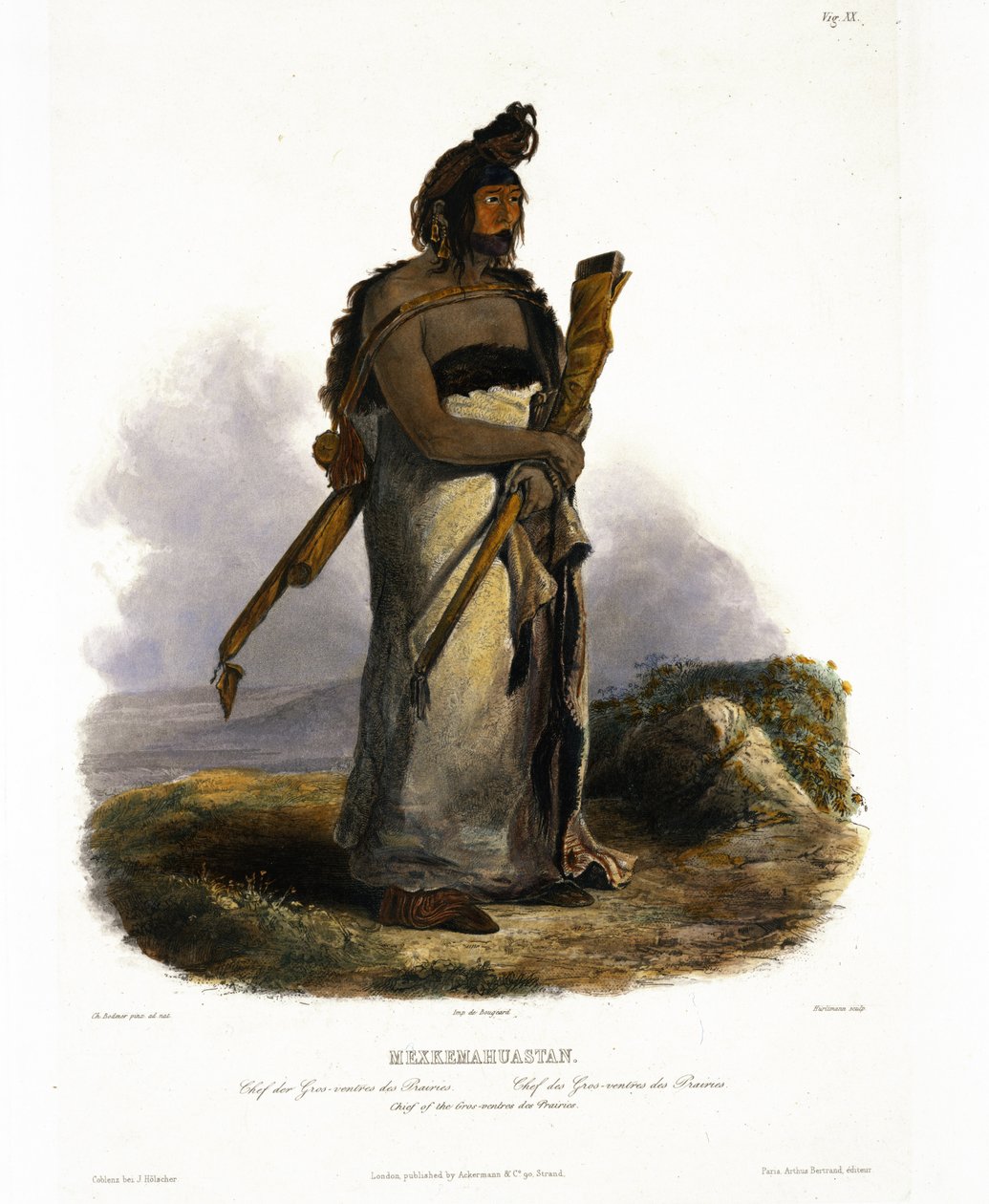 Mexkemahuastan ، رئيس Gros-Ventres of the Prairies ، اللوحة 20 من المجلد 1 من "رحلات في المناطق الداخلية من أمريكا الشمالية" ، نقشها J. Hurlimann ، 1843 (aquatint) بواسطة كارل بودمر