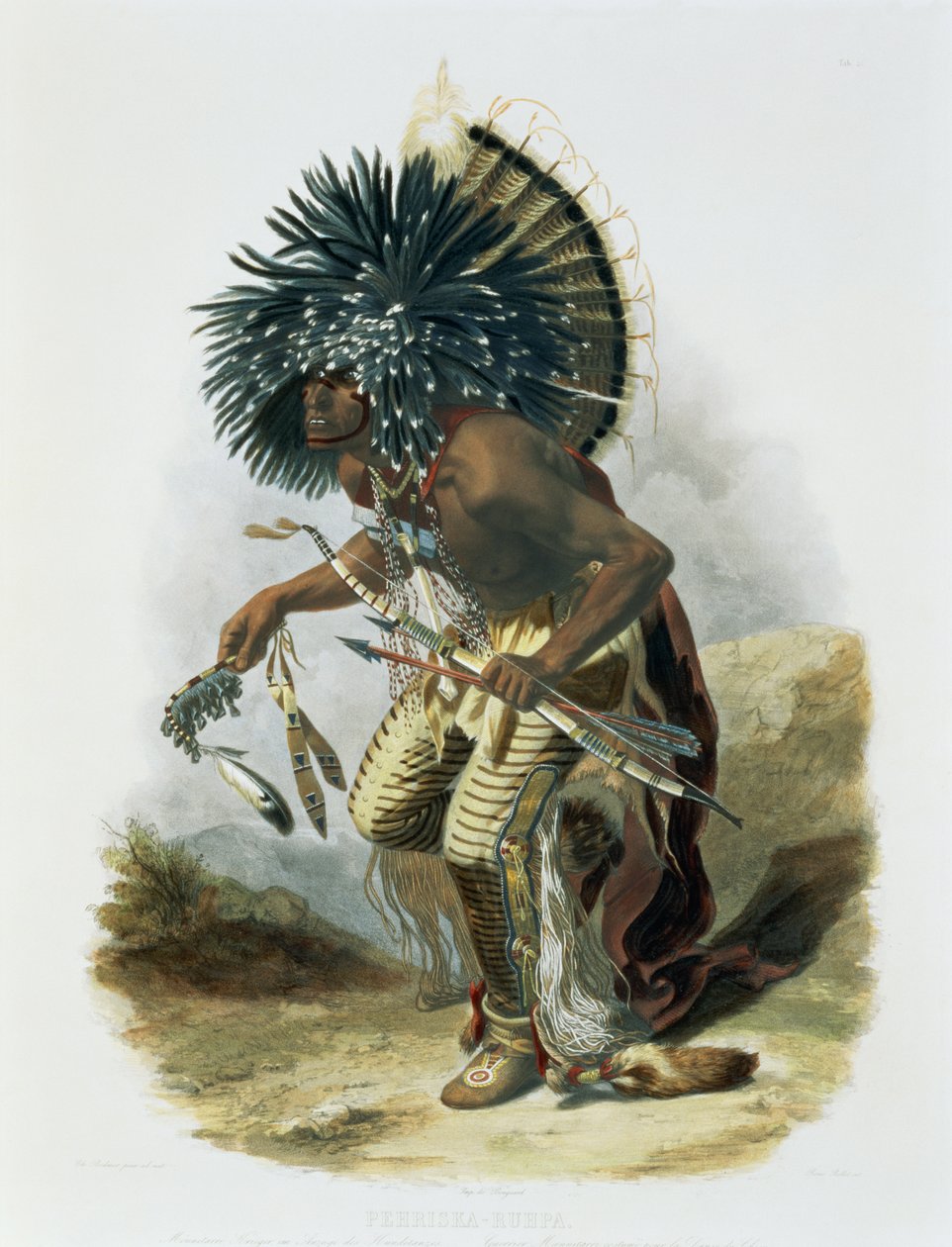 Pehriska-Ruhpa ، Minatarre Warrior in the Dance of the Dog Dance ، اللوحة 23 من المجلد 2 من "رحلات في المناطق الداخلية لأمريكا الشمالية" ، منقوشة بواسطة رينيه روليه ، 1844 (أكواتينت) بواسطة كارل بودمر