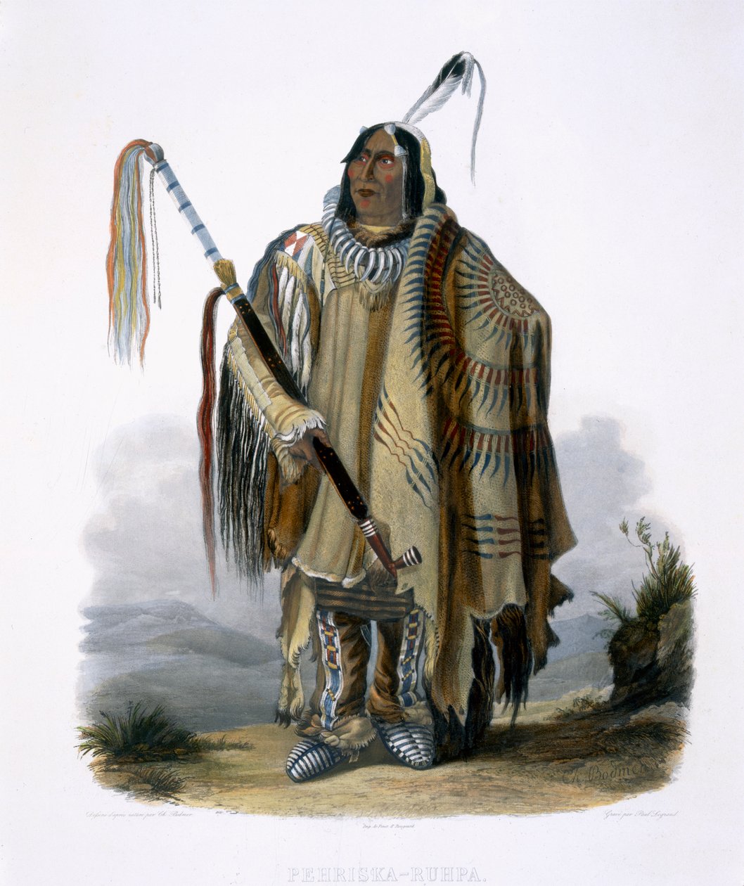 Pehriska-Ruhpa ، Minatarre أو Big-Bellied Indian ، اللوحة 17 من المجلد 2 من "رحلات في المناطق الداخلية لأمريكا الشمالية" ، نقشها Paul Legrand ، 1844 (aquatint) بواسطة كارل بودمر