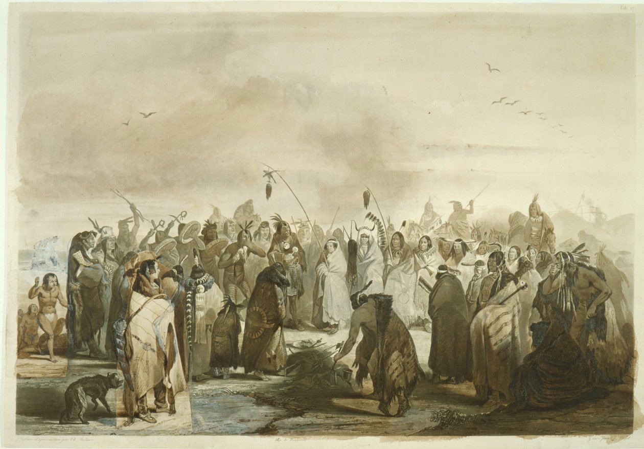 رقصة فروة الرأس في Minatarres ، c.1833-43 (قلم رصاص ، قلم رصاص ومرحاض على ورق) بواسطة كارل بودمر
