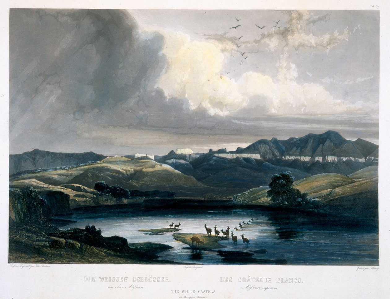 The White Castels on Upper Missouri ، اللوحة 37 من المجلد 2 من "رحلات في المناطق الداخلية من أمريكا الشمالية" ، منقوشة بواسطة Sigismond Himely (1801-72) 1844 (aquatint) بواسطة كارل بودمر