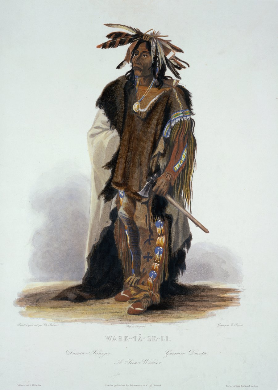 Wahk-Ta-Ge-Li ، محارب Sioux ، اللوحة 8 من المجلد 2 من "رحلات في المناطق الداخلية لأمريكا الشمالية" ، محفورة بقلم Z. Prevost ، 1844 (aquatint) بواسطة كارل بودمر