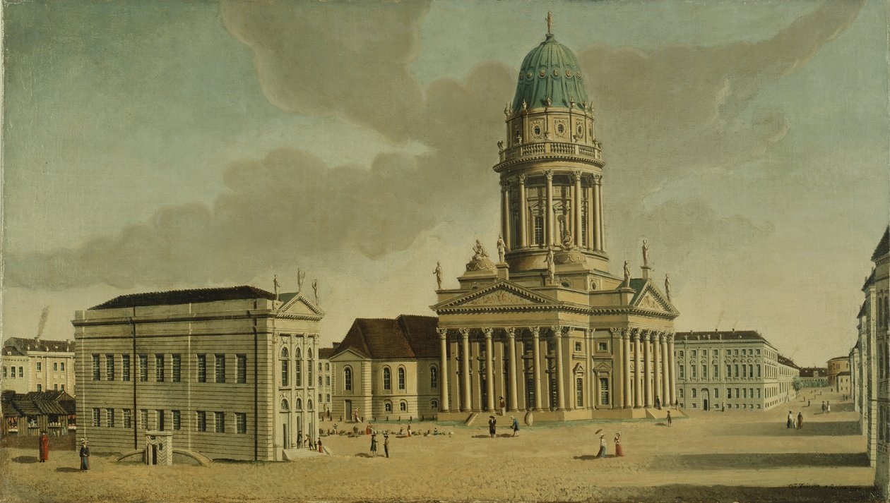 منظر ل Gendarmenmarkt مع المسرح الفرنسي والكاتدرائية ، برلين ، 1788 بواسطة كارل فريدريش فيشيلم