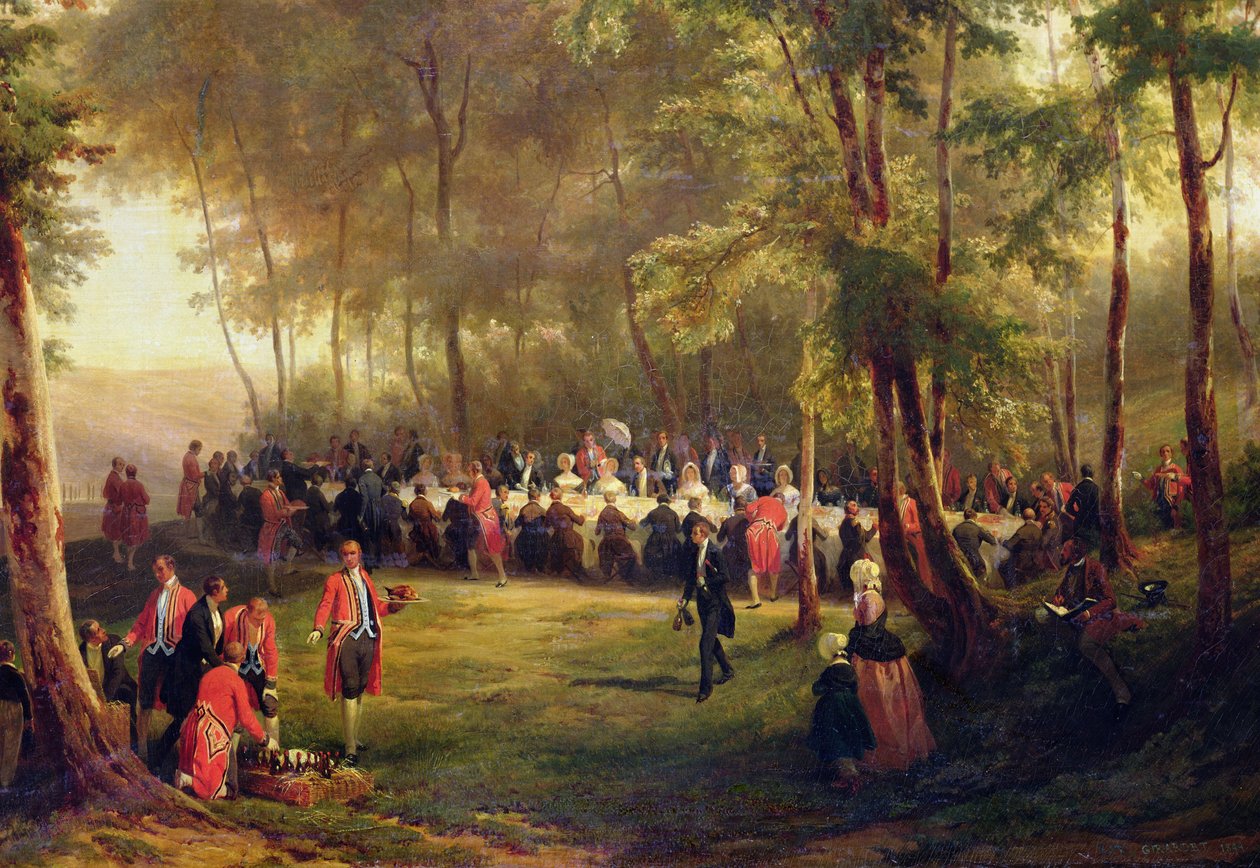 غداء قدمه لويس فيليب للملكة فيكتوريا في غابة الاتحاد الأوروبي ، 6 سبتمبر 1843 ، 1844 (تفاصيل 60678) بواسطة كارل جيرارديت