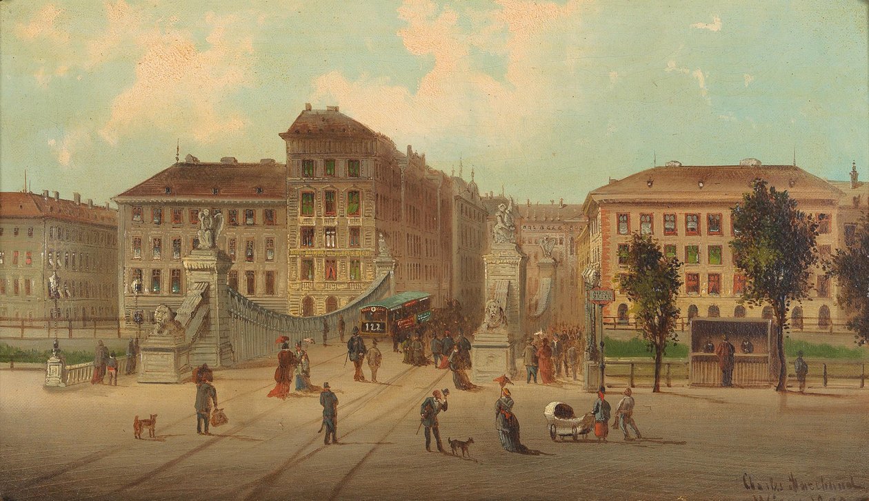 The Aspernbrucke in ViennaGerman: مشهد شارع مزدحم بالترام في فيينا ، 1878. إطلالة على حارة Aspernbrucke إلى الضفة اليسرى لقناة الدانوب ، إلى المنازل في Unteren Donaustrasse وإلى Asperngasse اليوم Aspernbruckengasse. حلقة الوصل بواسطة كارل كوفمان