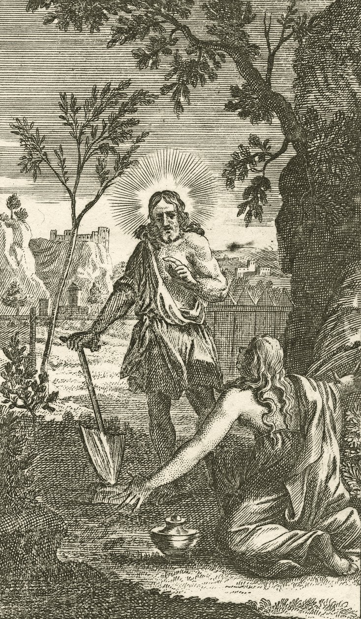 يظهر يسوع كبستاني لمريم المجدلية ، من عبادي ألماني ، 1709 (نقش على لوح نحاسي) بواسطة كارل رمشارد