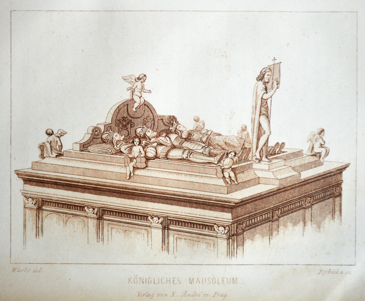 رسم توضيحي من كتاب دير دوم زو براغ من عام 1858 ، الذي يصور مقابر الملوك في كنيسة القديس. أهلا بك بواسطة كارل Wurbs
