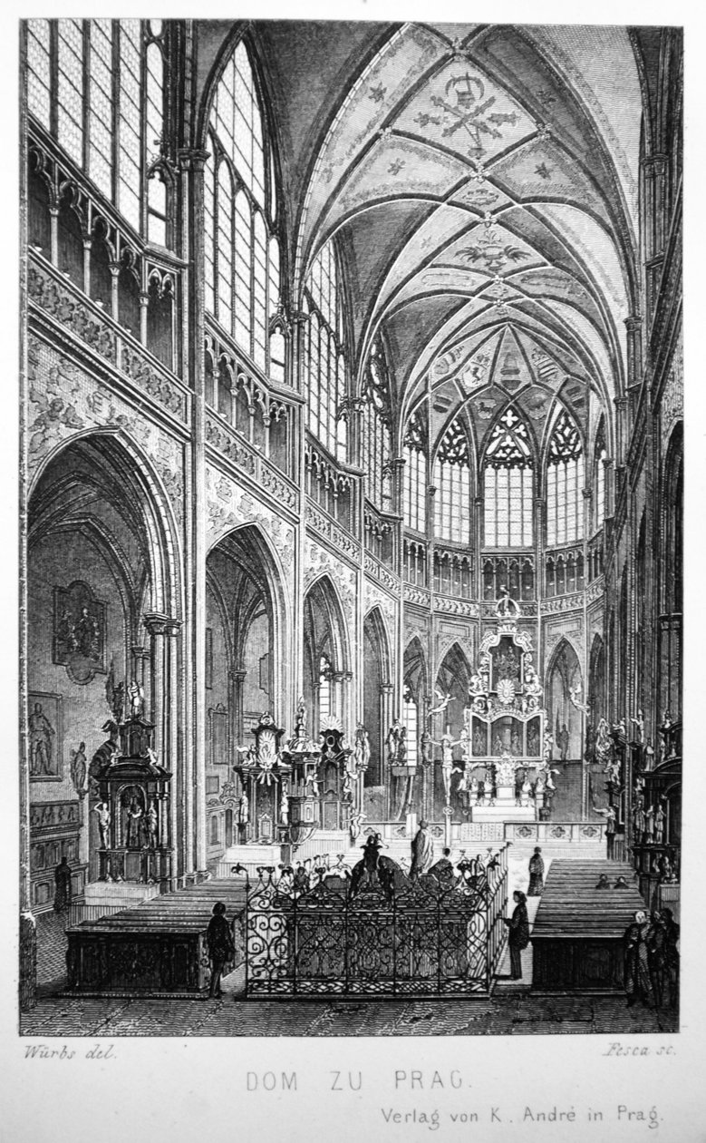 رسم توضيحي من كتاب دير دوم زو براغ من عام 1858 ، والذي يُظهر الجزء الداخلي من كنيسة القديس أهلا بك بواسطة كارل Wurbs