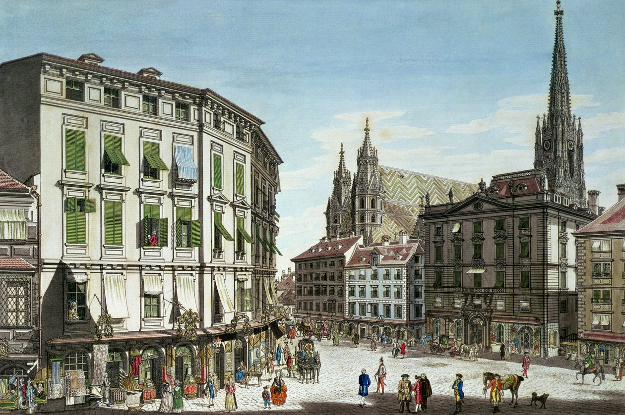 Stock-im-Eisen-Platz ، مع كاتدرائية القديس ستيفان في الخلفية ، محفورة بواسطة الفنان ، 1779 بواسطة كارل شويتز