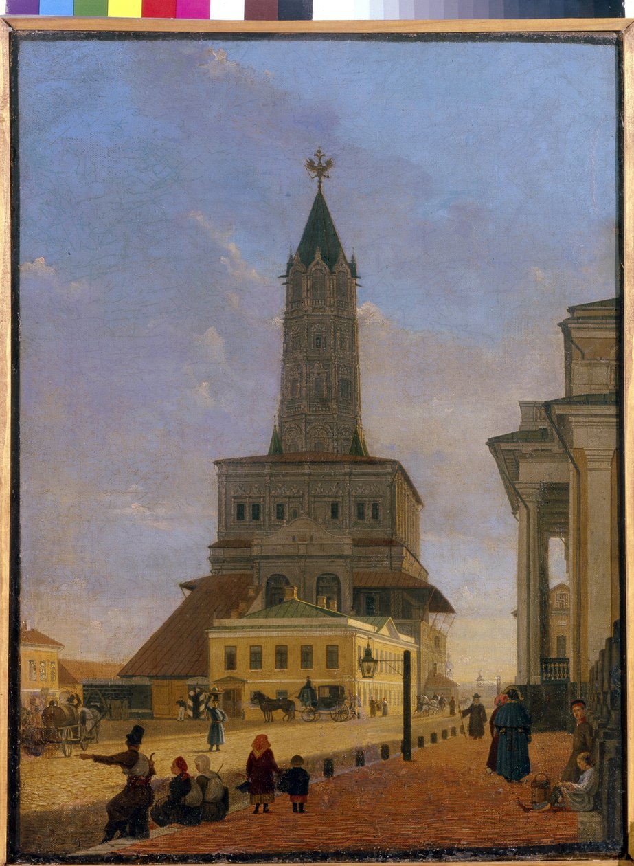 برج سوخاريف في موسكو. بني في عام 1695 ، المهندس المعماري تشوجلوكوف وهدم في عام 1934 ، وكان يقع في زاوية حلقة الحدائق وشارع Stretenka. لوحة لكارل بتروفيتش بودري (1812-1894) ، زيت على قماش بواسطة كارل فريدريك بتروفيتش بودري
