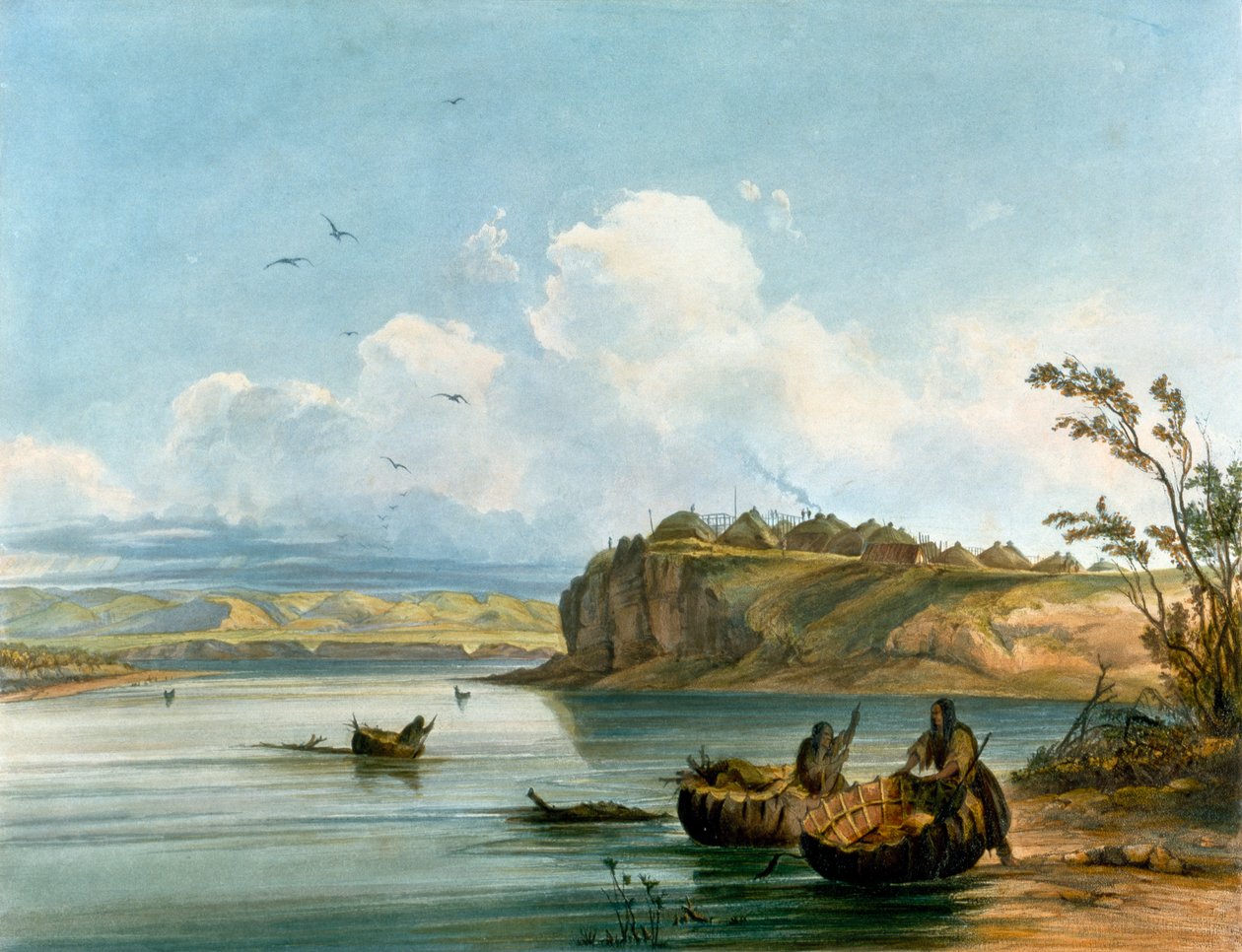 Mandan Native American women crossing Missouri River on boats made of buffalo hide, Native American Civilization, United States بواسطة كارل بودمر