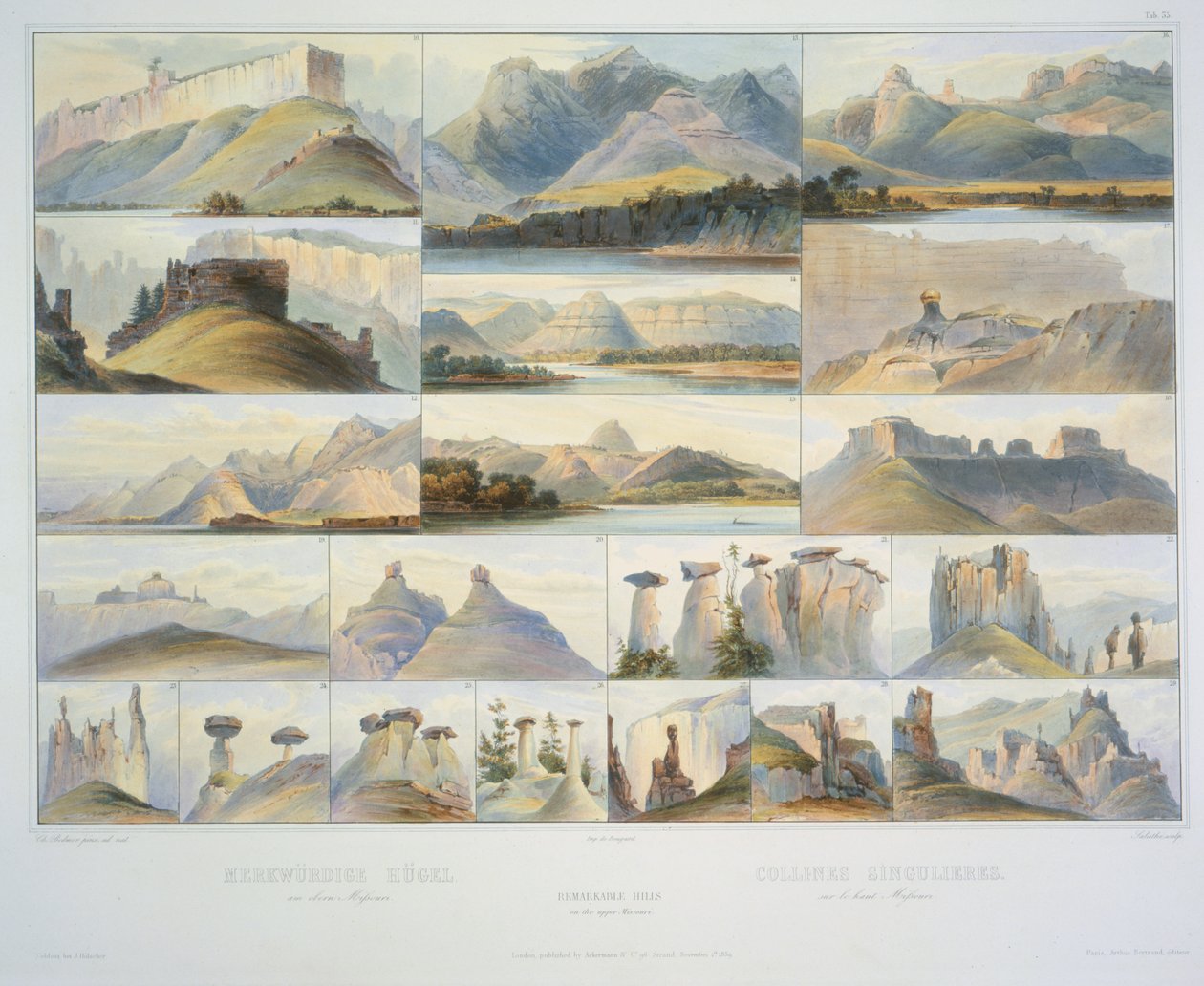 تلال رائعة في ولاية ميسوري العليا ، نقشها F. Salathe ، تنشر في عام 1839 (aquatint) بواسطة كارل بودمر