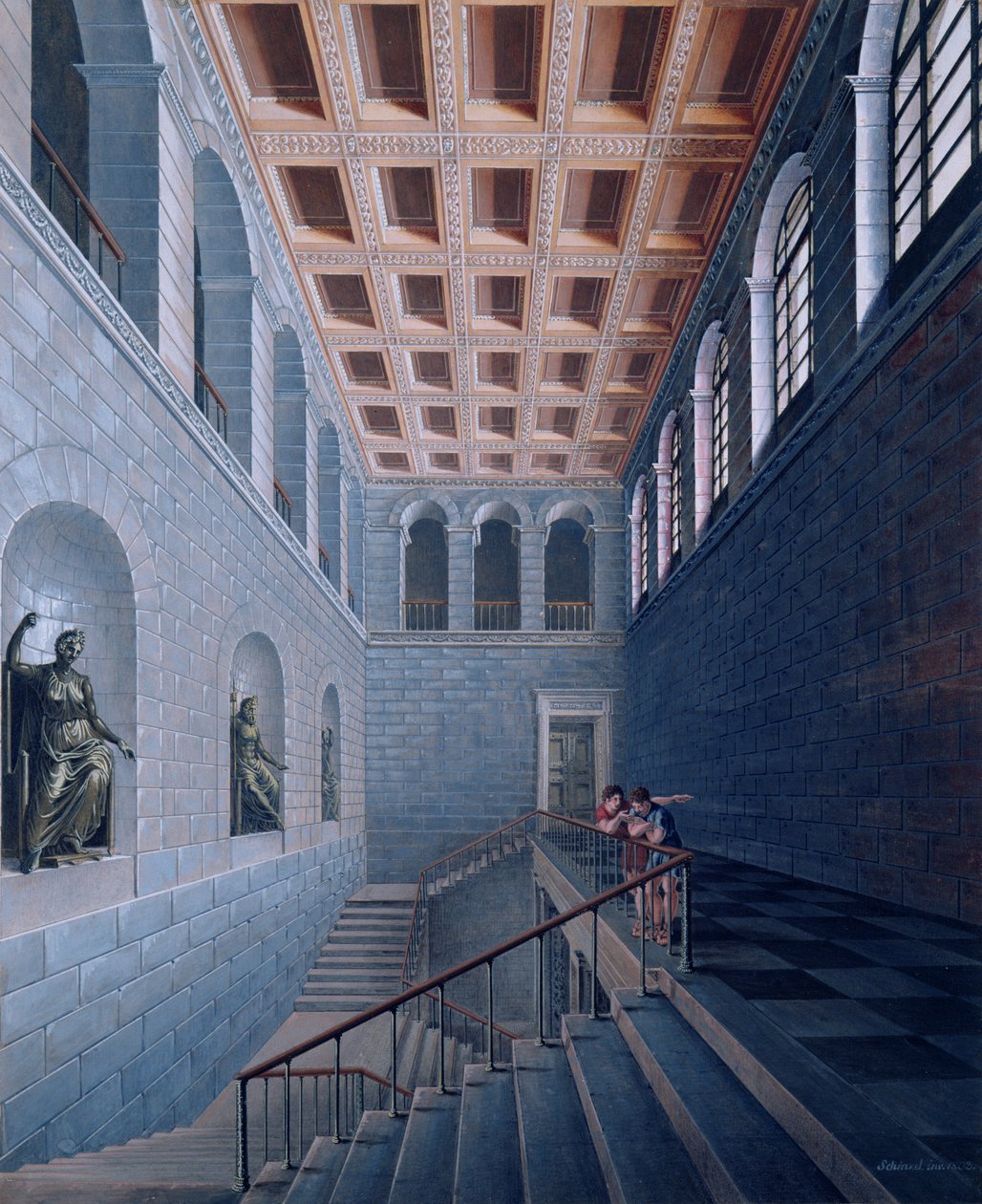 منظر داخلي لدرج ، تصميم لقلعة في Koestritz ، 1802-03 (قلم وحبر ونسخة على ورق) بواسطة كارل فريدريش شينكل