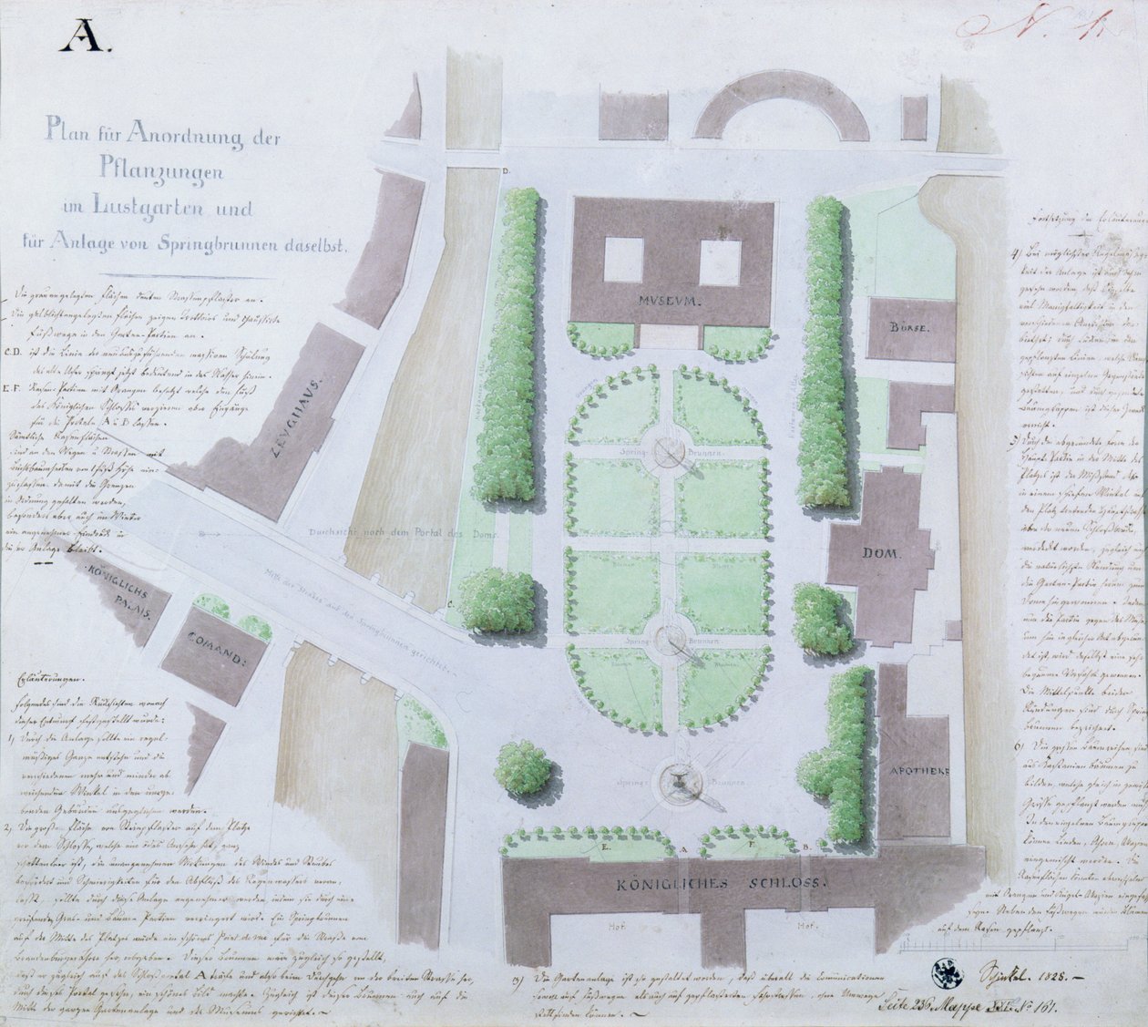 إعادة تصميم Lustgarten ، 1828 (مرحاض وقلم وحبر على ورق) بواسطة كارل فريدريش شينكل