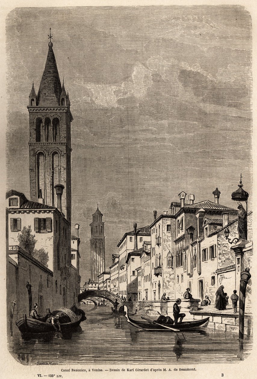 قناة Rezonico ، التي رسمها كارل جيرارديت (1813-1871) ، لتوضيح رحلة Adalbert de Beaumont إلى البندقية ، حوالي عام 1850. نقش في "Le tour du monde" ، تحرير إدوارد شارتون بواسطة كارل جيرارديت