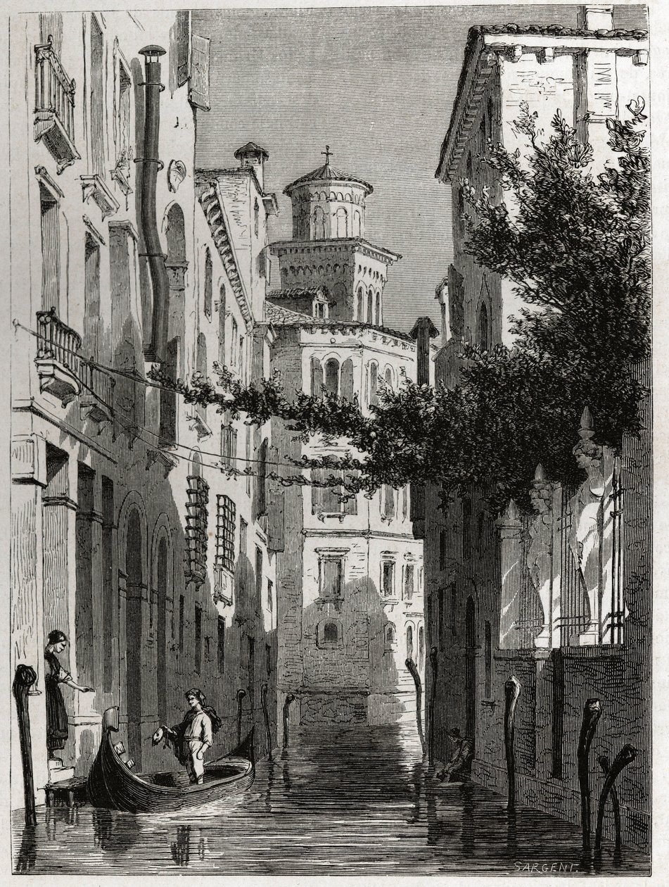 قصر بيانكا كابيلو في فينيسيا ، البندقية. رسم لكارل جيرارديت (1813-1871) ، لتوضيح رحلة أدالبرت دي بومونت إلى البندقية ، حوالي عام 1850. نقش في "" Le tour du monde "، تحرير إدوارد شارتون بواسطة كارل جيرارديت