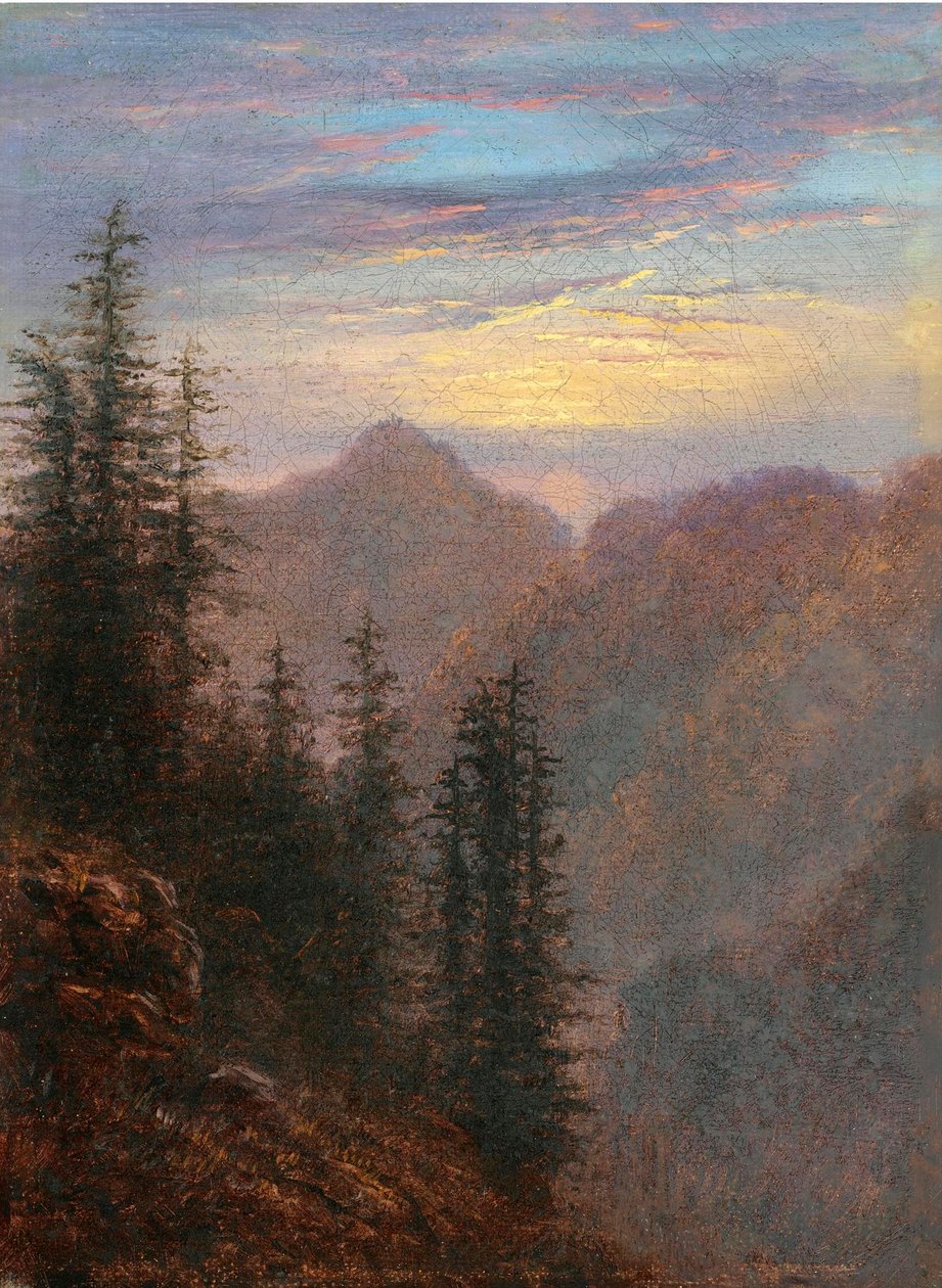 "منظر طبيعي للجبال عند الغسق" (منظر طبيعي للجبال عند الغسق) رسم لكارل غوستاف كاروس (1789-1869) القرن التاسع عشر ألوان زيتية على قماش خافت 20.6 × 15.1 سم مجموعة خاصة بواسطة كارل جوستاف كاروس