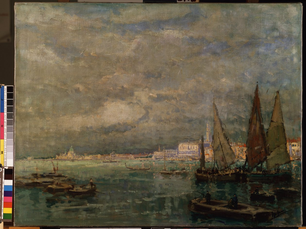 "" منظر المراكب الشراعية في بحيرة فينيسيا "(Blick auf Venedig mit Segelbooten). رسم لكارل (كارل) هاجميستر (1848-1933) 1926 خافت 51x71 سم متحف ميكالوجوس كونستانتيناس سيورليونيس للفنون الجميلة ، كاوناس ، ليتوانيا بواسطة كارل هاجميستر