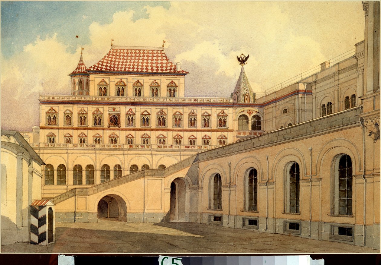 قصر تيريم في موسكو الكرملين - قصر تيريم في موسكو الكرملين - عمل لكارل إيفانوفيتش رابوس (1800-1857) ، لوحة مائية على الورق ، حوالي 1830-1840 - الفن الروسي بواسطة كارل إيفانوفيتش رابوس