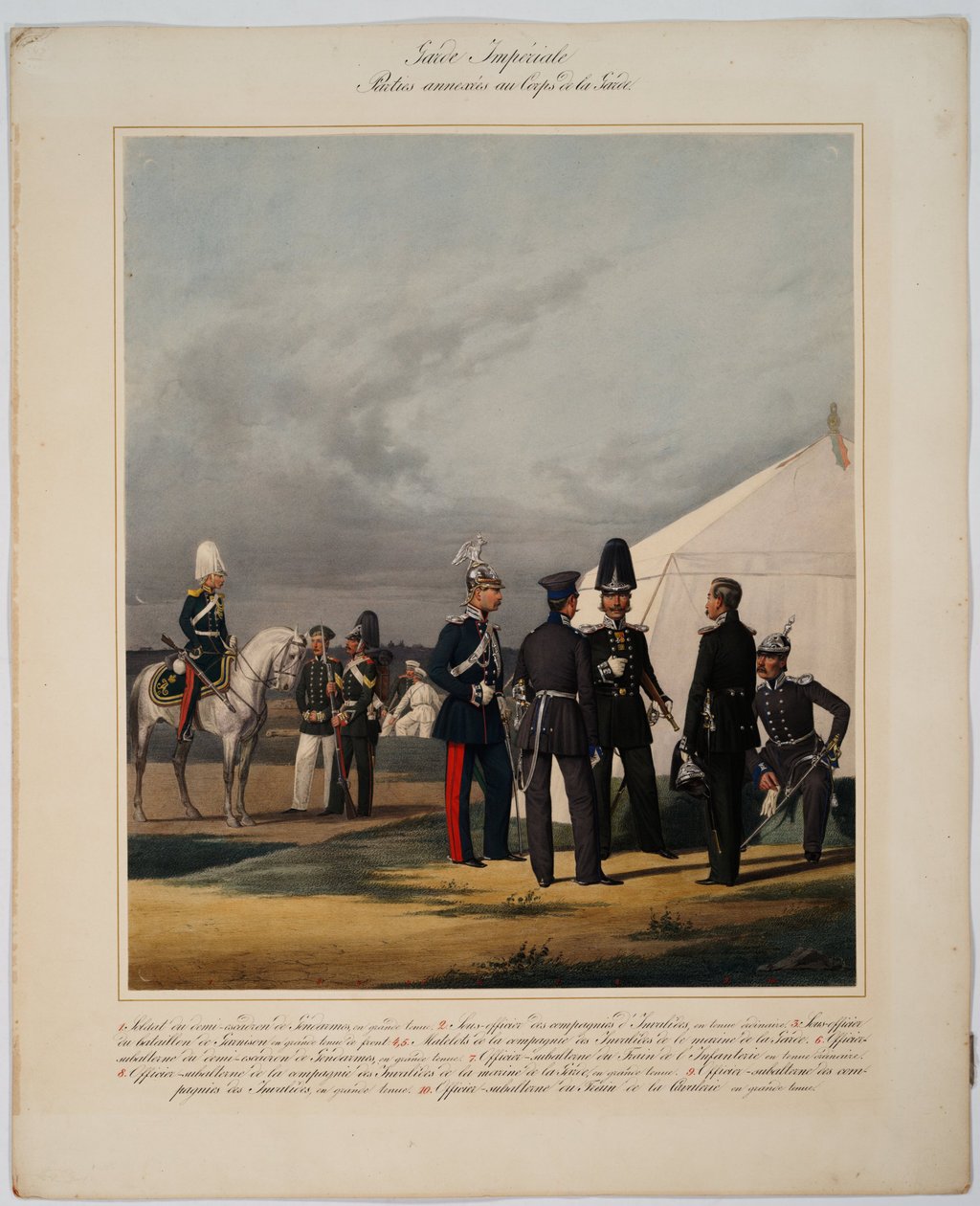 Garde imperiale: pionniers (sapeur), invalides et gendarmes - Pioneers, invalides and gendarmes of the Imperial Guards Corps - Piratsky, Karl Karlovich (1813-1889) - 1867 - Colour lithograph - 56x45 - Private Collection بواسطة كارل كارلوفيتش بيراتسكي