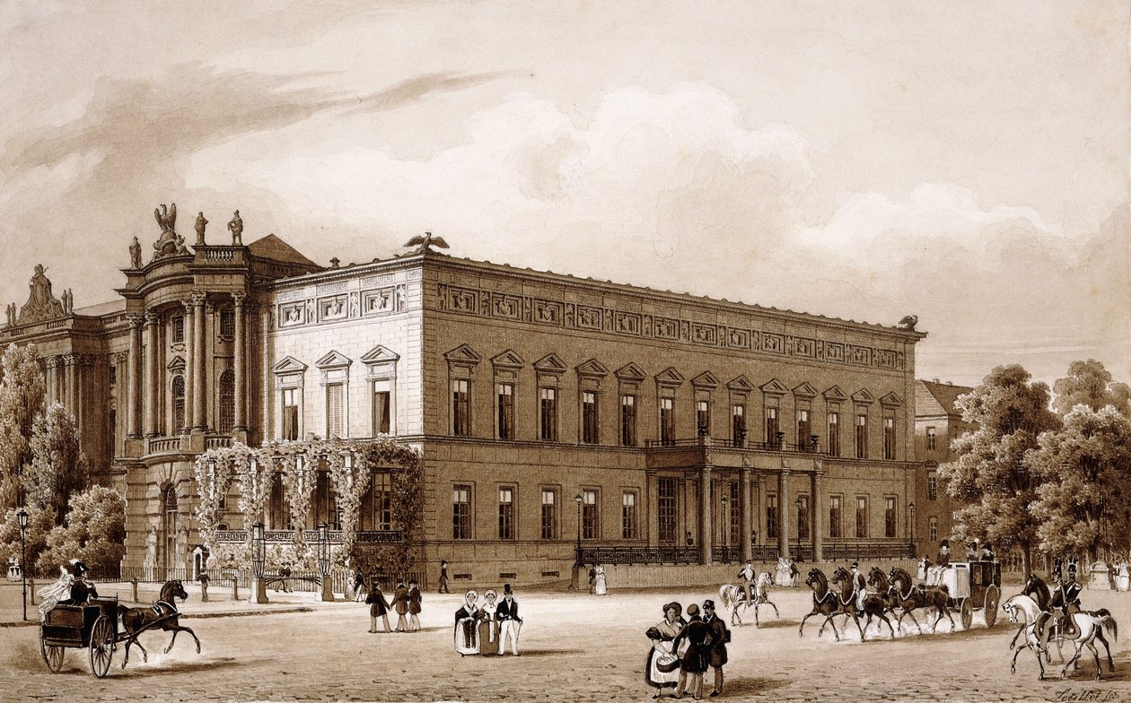 أونتر دن ليندن ، برلين. قصر الأمير فيلهلم ، الذي بناه كارل لانغهانز في 1834-1836 ، وكونيجليش مكتبة ، التي بناها جورج كريستيان أنغر 1775-78 وفقًا لخطط جوزيف إيمانويل فيشر فون إرلاخ ، المطلة على Platz am Opernhaus ، بواسطة كارل لويلو هارتويغ