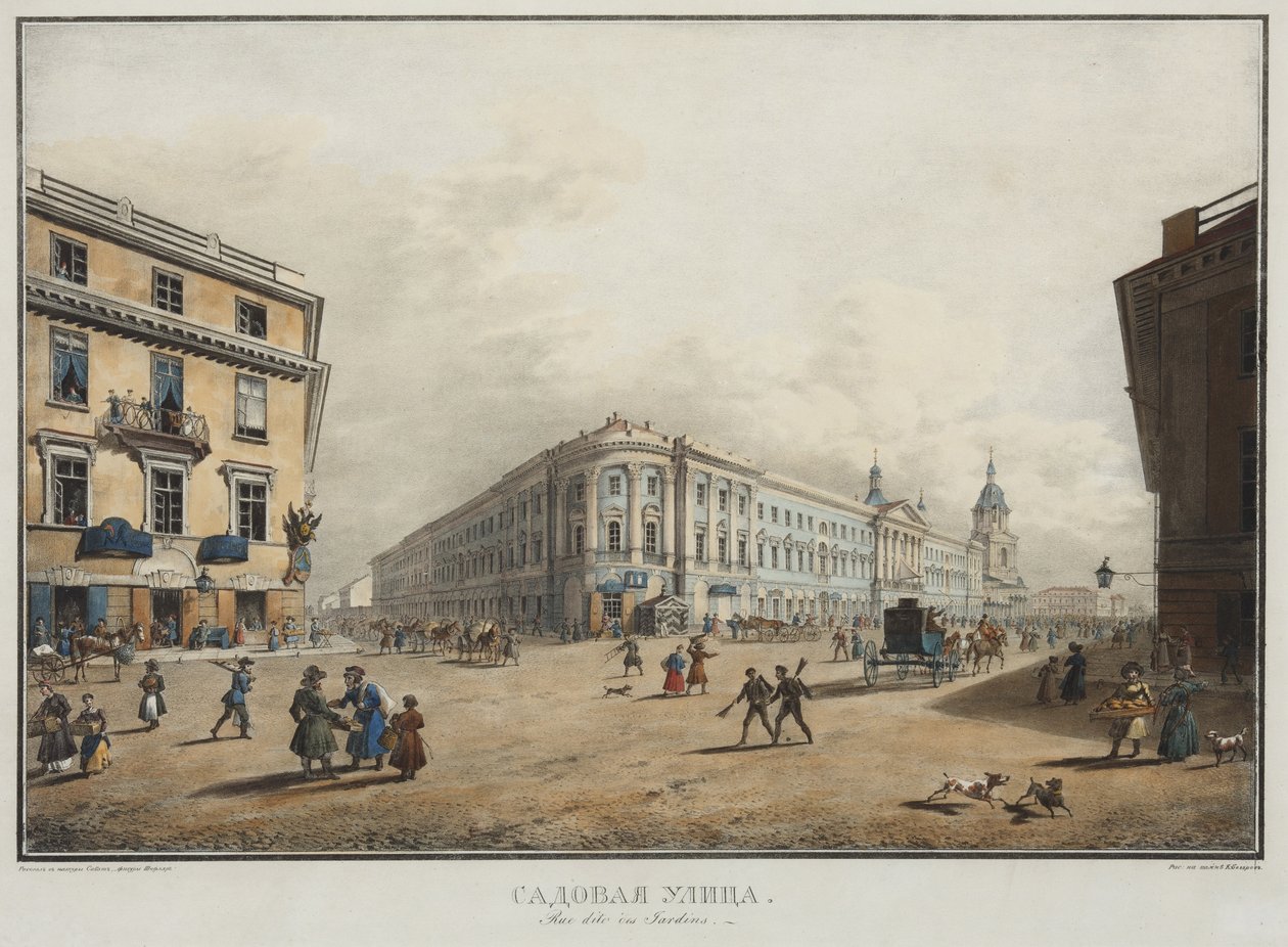 منظر لشارع Sadovaya في سانت بطرسبرغ - Karl Petrovich Beggrov (1799-1875). طباعة حجرية ، ألوان مائية بواسطة كارل بافلوفيتش بيغروف