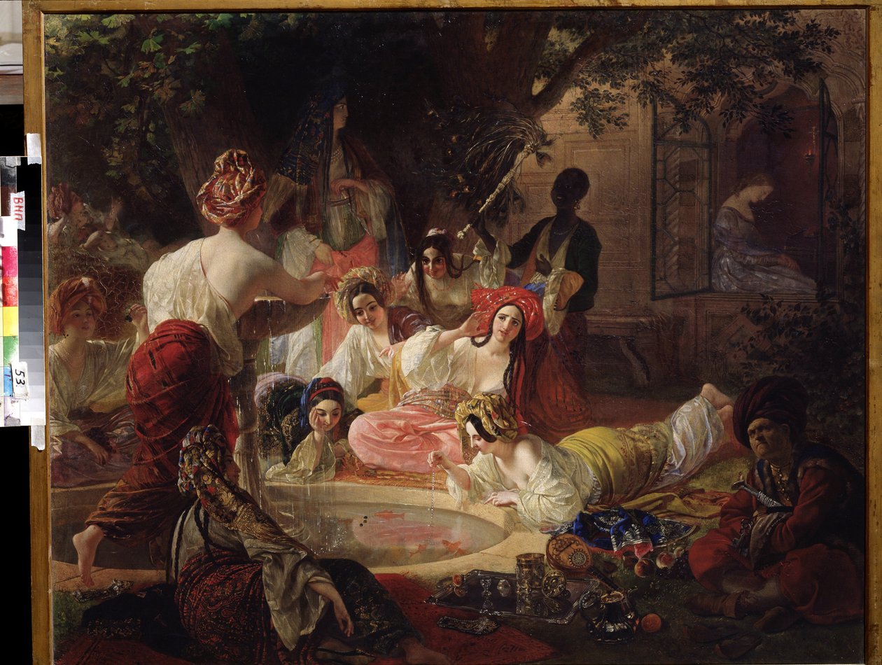 ينبوع بهشيساراي (تركيا) (ينبوع باهشيساراي). نساء في حريم يلعبن بالماء من نافورة في بركة سمكة ذهبية.لوحة لكارل بافلوفيتش بريولوف (بريولوف) (1799-1852). زيت على قماش بواسطة كارل بافلوفيتش بريولوف