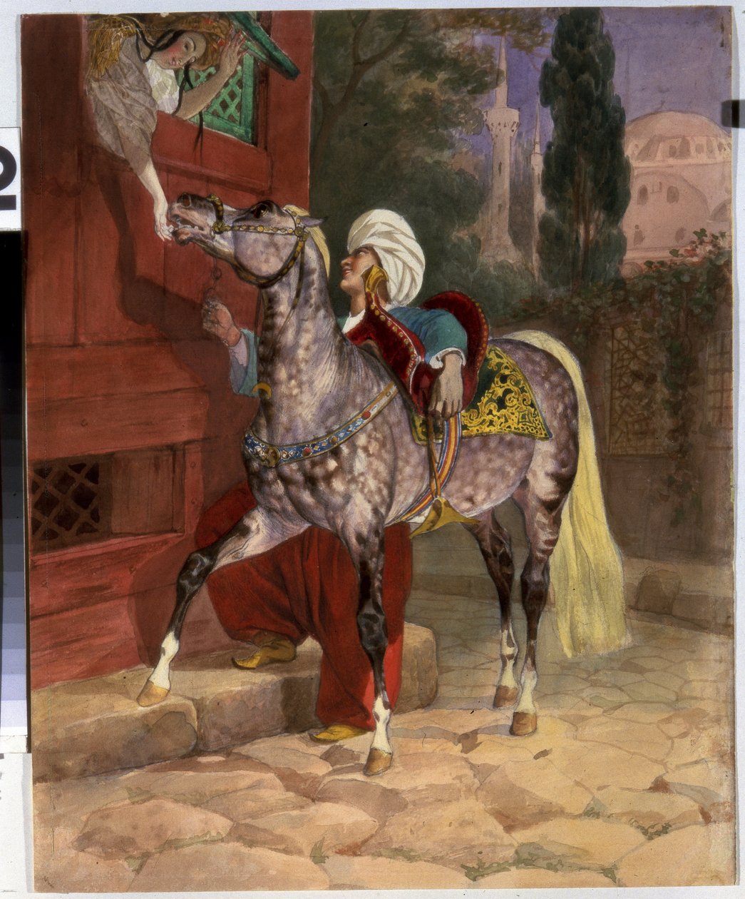يجتمع في القسطنطينية (الآن اسطنبول ، تركيا). شاب يرتدي عمامة يتدرب على فتاة صغيرة تميل من النافذة لتقدم السكر لجوادها. في الخلفية ، كنيسة القديسة صوفيا ومسجدها. عمل فني لكارل بافلوفيتش بواسطة كارل بافلوفيتش بريولوف