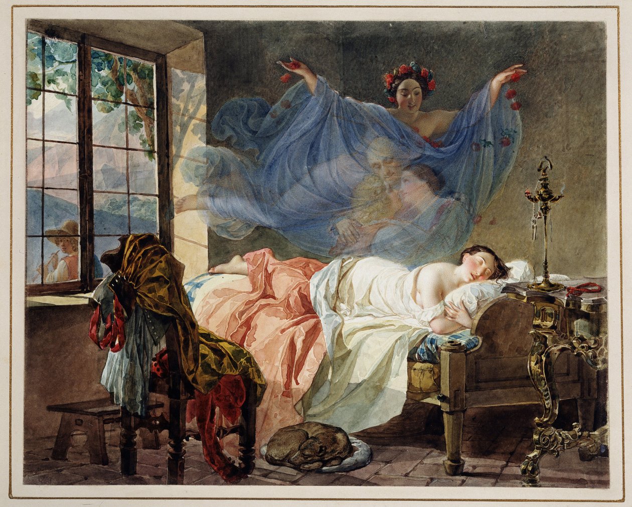 أحلام فتاة صغيرة عند الفجر - عمل كارل بافلوفيتش بريولوف (بريولوف) (1799-1852) - ألوان مائية على ورق مقوى بواسطة كارل بافلوفيتش بريولوف