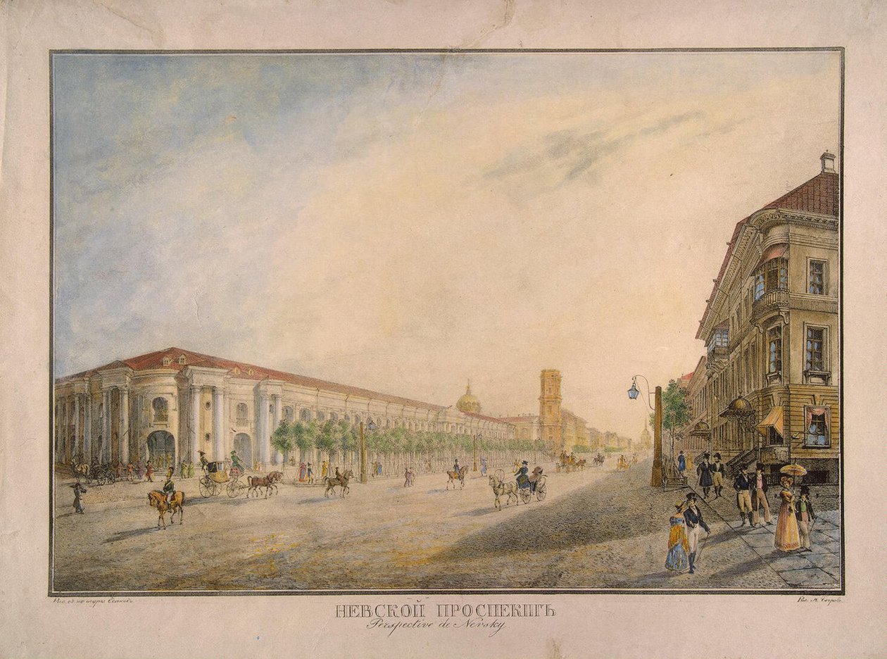 منظر لنيفسكي بروسبكت بالقرب من Gostiny Dvor في سانت بطرسبرغ ، 1823 بواسطة كارل بتروفيتش بيغروف