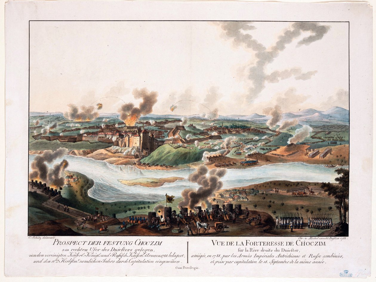 حصار خوتين (Chocim ، Chotyn ، Hotin ، Choczim ou Khotine ، أوكرانيا) في 1788 - Schuetz ، Carl (1745-1800) - 1788 - نقش على النحاس ، ألوان مائية - 36،6x48،3 - مجموعة خاصة بواسطة حماية كارل فون (بعد)