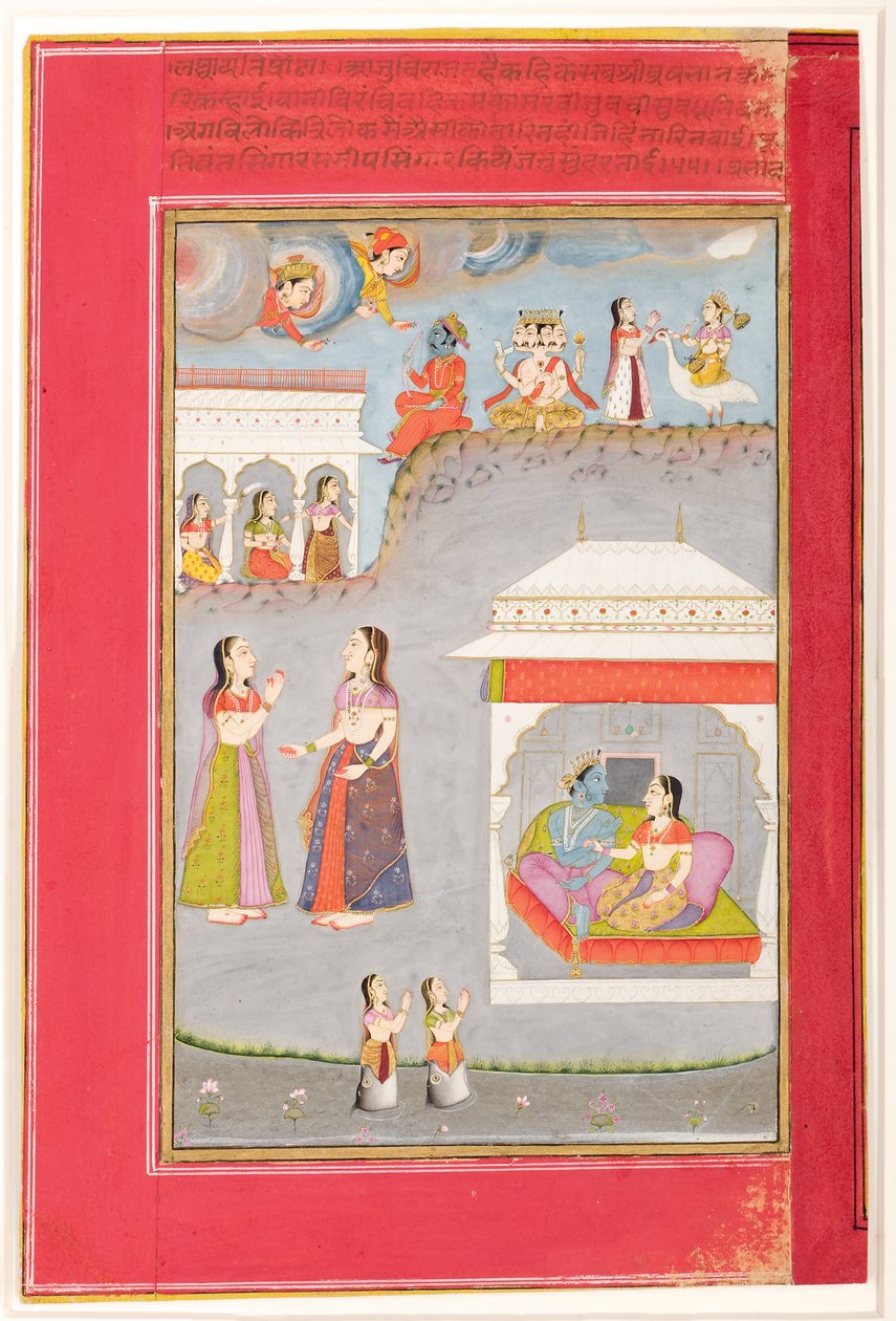Labdhapraudha Nayika: عشاق في جناح ، Kama ، Brahma و Sarasvati أعلاه ، 1750 (مرحاض غير شفاف وذهب على ورق) بواسطة القسام