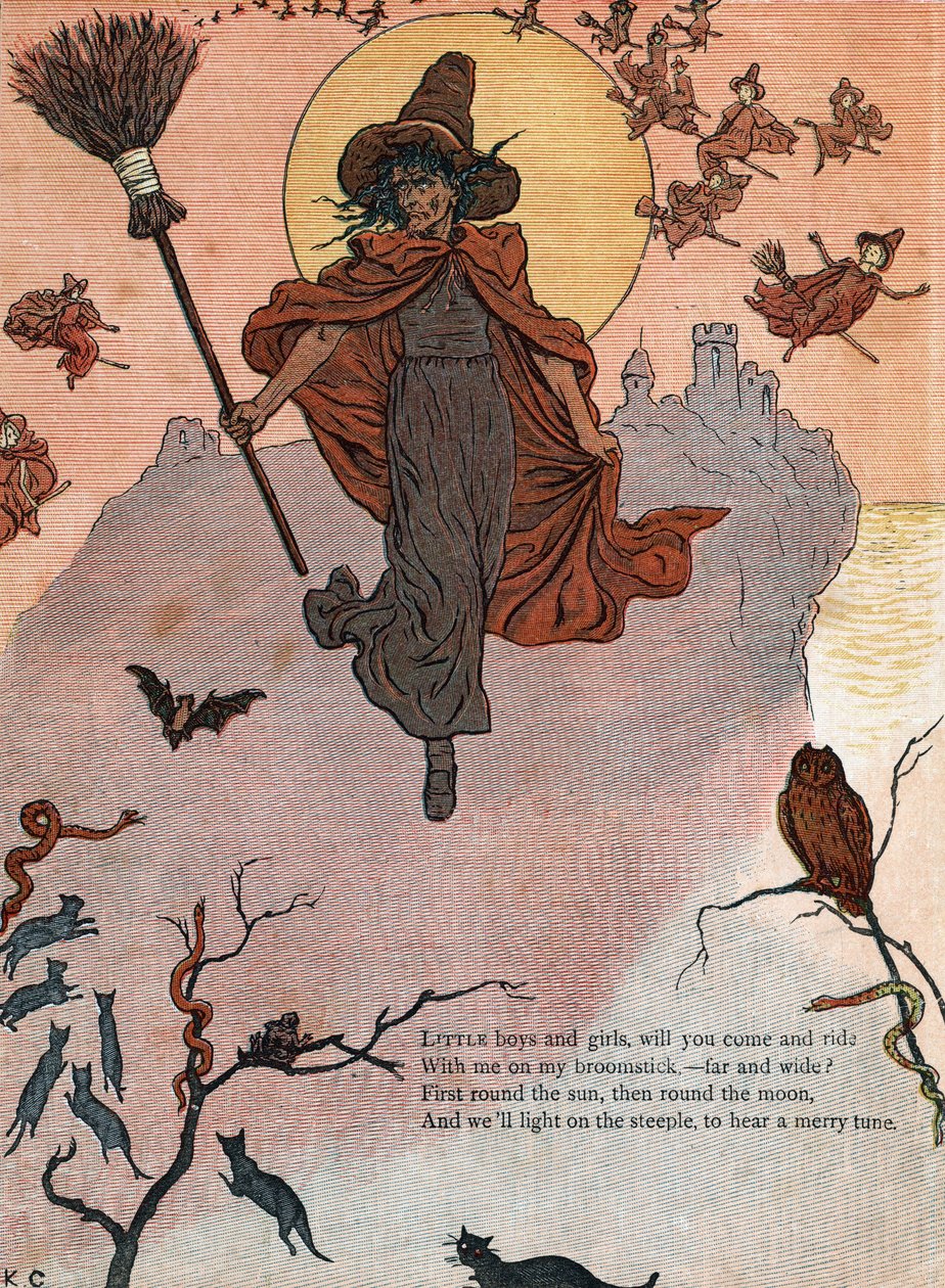 ساحرة ومكنستها محاطة بقطط سوداء وخفاش وبومة. (أيها الأولاد والبنات الصغار ، هل ستأتي وتركب معي على عصا المكنسة الخاصة بي؟)) رسم توضيحي لكيت غريناواي (1846-1901) من كتاب الحكايات وأناشيد الحضانة للأطفال "" تحت النافذة " بواسطة كيت غريناواي