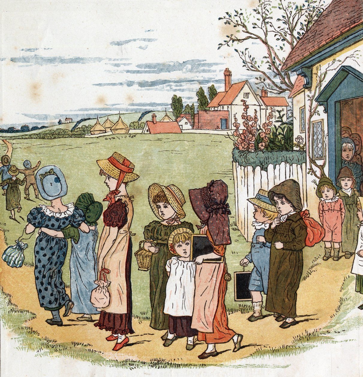 خارج المدرسة. رسم توضيحي لكيت غريناواي (1846-1901) من كتاب الحكايات وأغاني الأطفال للأطفال "تحت النافذة" (1879) ، حرره إدموند إيفانز. بواسطة كيت غريناواي