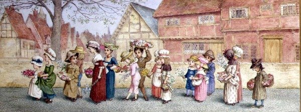 موكب ستة عشر طفلاً يحملون زهور ، حوالي 1876 (ألوان مائية على ورق) بواسطة كيت غريناواي