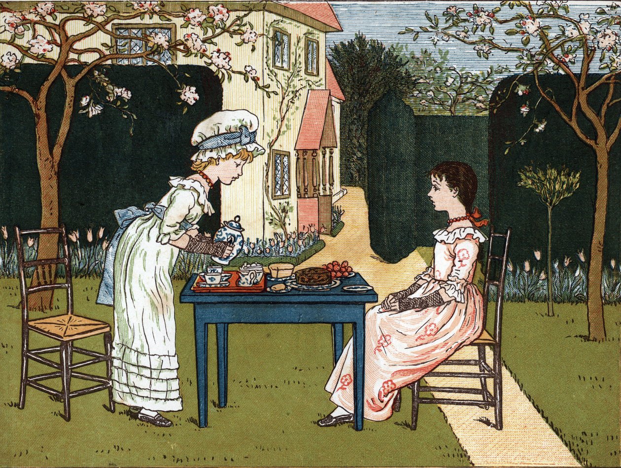 وقت النهار: فتاتان صغيرتان تتذوقانه في حديقة. رسم توضيحي لكيت غريناواي (1846-1901) من كتاب الحكايات وأغاني الأطفال للأطفال "تحت النافذة" (1879) ، حرره إدموند إيفانز. بواسطة كيت غريناواي