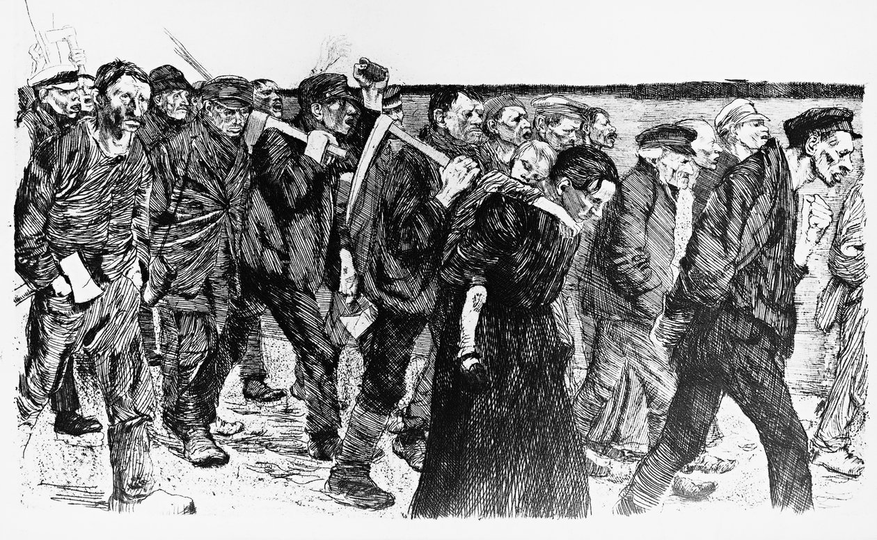Demonstration of workers, illustration of Kathe Kollowitz (1867-1945) for the opera Die Weber (The Weavers) بواسطة كاتي كولويتز