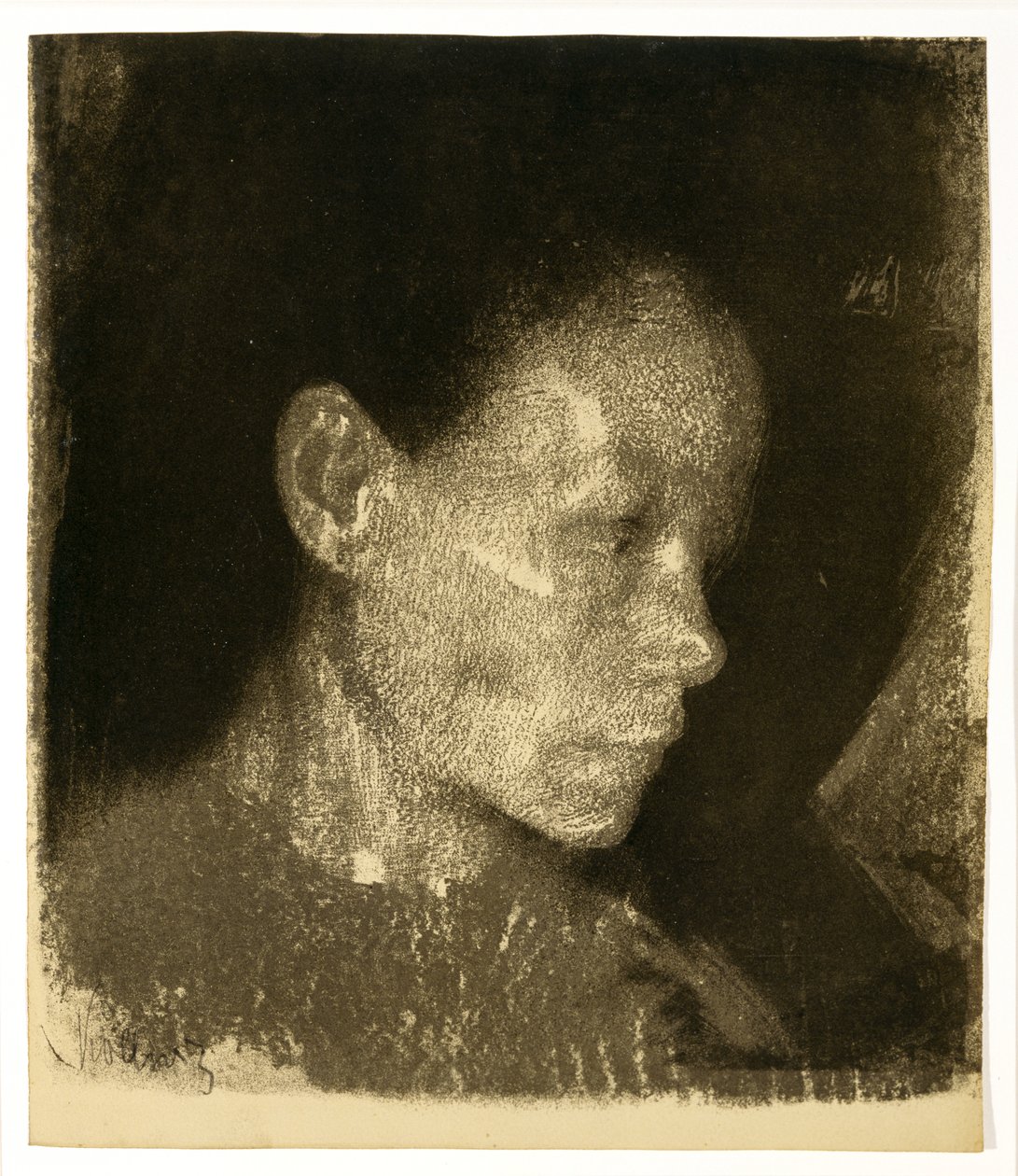 رأس امرأة عاملة في شكل ثلاثة أرباع تحول إلى اليمين ، 1905 (litho on tan paper) بواسطة كاتي كولويتز